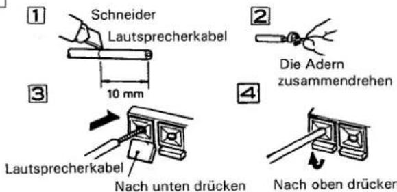 1 Schneider Lautsprecherkabel 3 10 mm 2 Die Adern zusammendrehen 4 Lautsprecherkabel Nach unten drücken Nach oben drücken