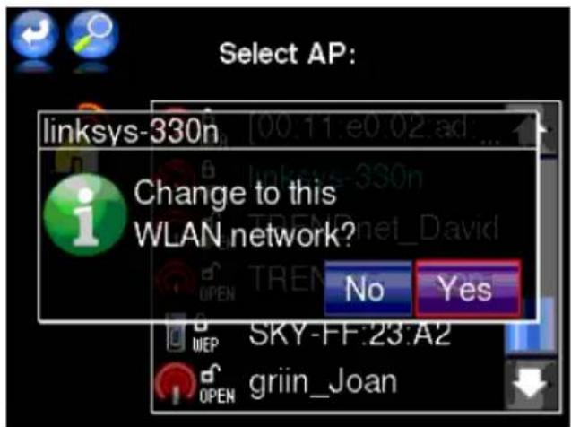Select AP: linksys-330n Change to this WLAN network? No Yes SKY-FF:23:A2 griin_Joan