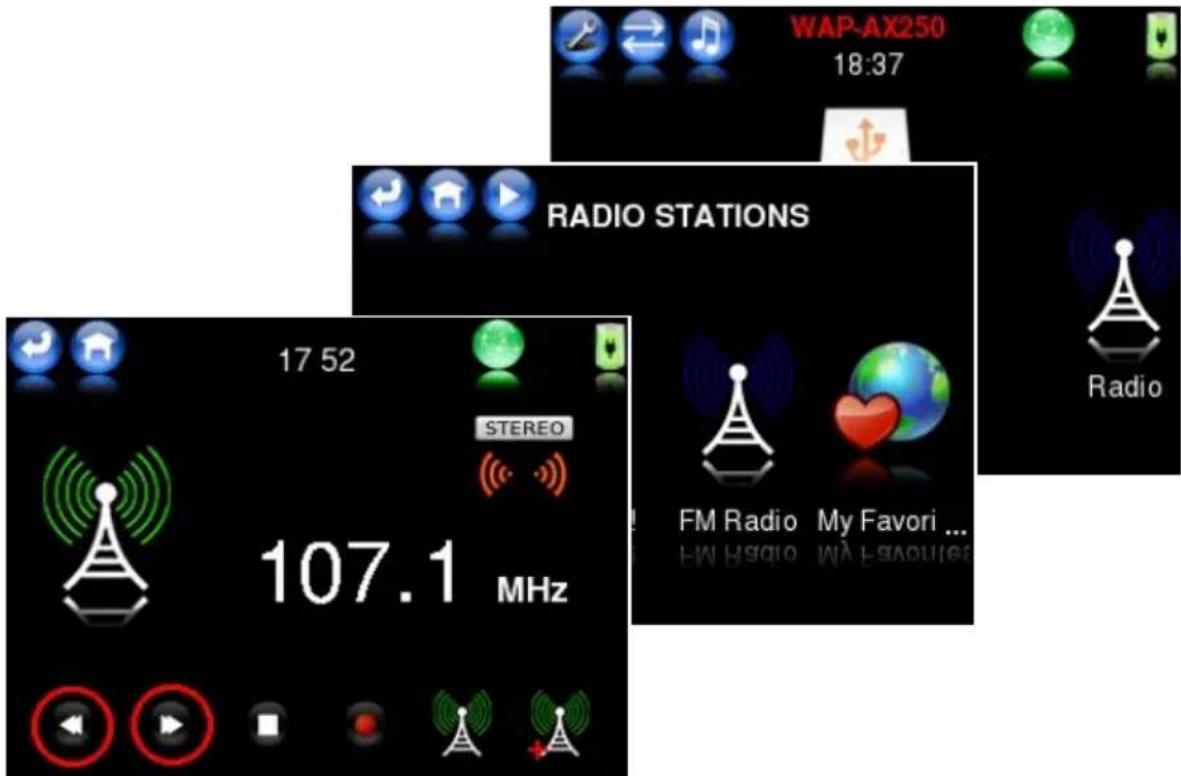 WAP-AX250 18:37 RADIO STATIONS 17 52 STEREO 107.1 MHz FM Radio My Favori ... FM Radio My Favori...