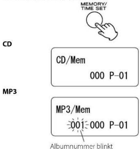 MEMORY/ TIME SET CD CD/Mem 000 P-01 MP3 MP3/Mem 001 000 P-01 Albumnummer blinkt