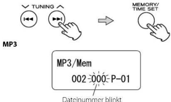 TUNING MP3 MEMORY/ TIME SET MP3/Mem 002-000-P-01 Dateinummer blinkt