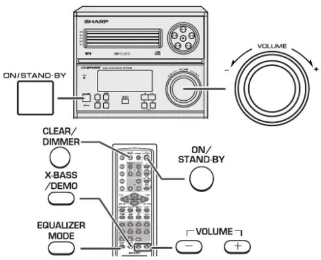 SHARP ON/STAND-BY VOLUME + CLEAR/ DIMMER X-BASS /DEMO EQUALIZER MODE ON/ STAND-BY - VOLUME +