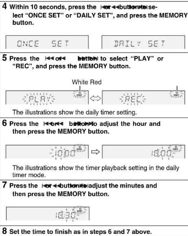 4 Within 10 seconds, press the to select "ONCE SET" or "DAILY SET", and press the MEMORY button. ONCE SET DAILY SET 5 Press the ◀◀or◀ button to select "PLAY" or "REC", and press the MEMORY button. White Red PLAY ↔ REC The illustrations show the daily timer setting. 6 Press the ◀◀or◀ button No adjust the hour and then press the MEMORY button. 10:00 → 18:00 The illustrations show the timer playback setting in the daily timer mode. 7 Press the to adjust the minutes and then press the MEMORY button. 18:30 8 Set the time to finish as in steps 6 and 7 above.