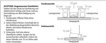 ACHTUNG: Angemessene Ventilation - Die Part 1: Entert zur Verlusten und diekeitschem Schlag und Feuer und zur Verwaltung von Böschläufigung wie folgt auf. 1. Vorderansicht: Offenee Platz ohne Hindernisse. 2. Seiten/Oben/Hitten: Innerhalb der in der Abbildung dergeschäften Bereiche dürfen sich keine Hindernisse bindeln. 3. Untersichte: Auf eine eben- Oberfläche stellen. Sorgen Sie für ausreichende LuftzuAuft, indem Sie ener Ständer von 10 cm Höhe oder mehr verwenden. Seitenansicht Hauptgelecht 15 cm 1 cm 1 cm 15 cm Laufprecher 10 cm Hauptgelecht 15 cm 15 cm 10 cm Hauptgelecht