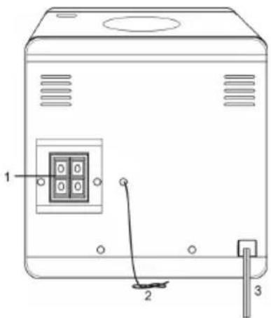 Technical diagram of a device with labeled components including a central control panel and three ports