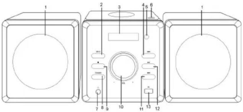 Technical diagram of a speaker with numbered components and labeled parts