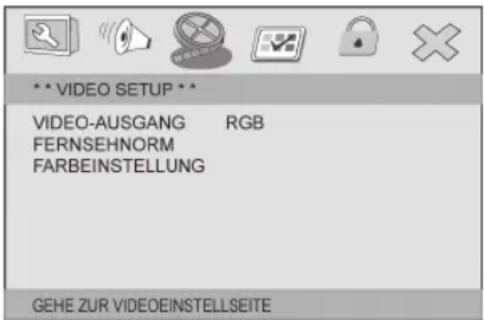**VIDEO SETUP ** VIDEO-AUSGANG RGB FERNSEHNORM FARBEINSTELLUNG GEHE ZUR VIDEOEINSTELLSEITE