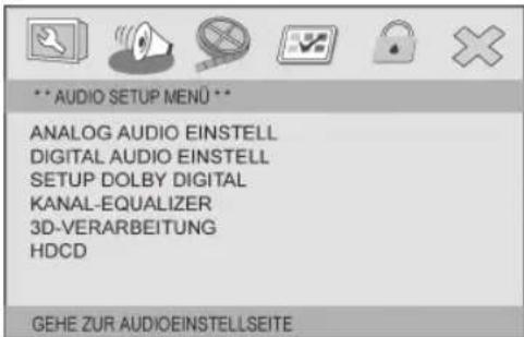 ** AUDIO SETUP MENU ** ANALOG AUDIO EINSTELL DIGITAL AUDIO EINSTELL SETUP DOLBY DIGITAL KANAL-EQUALIZER 3D-VERARBEITUNG HDCD GEHE ZUR AUDIOEINSTELLSEITE