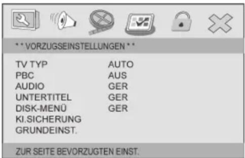 **VORZUGSEINSTELLUNGEN ** TV TYP AUTO PBC AUS AUDIO GER UNTERTITEL GER DISK-MENÜ GER KI.SICHERUNG GRUNDEINST. ZUR SEITE BEVORZUGTEN EINST.
