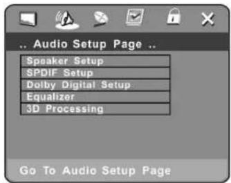 Audio Setup Page Speaker Setup SPDIF Setup Dolby Digital Setup Equalizer 3D Processing Go To Audio Setup Page