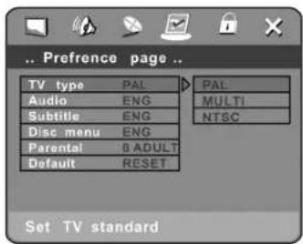 Preference page TV type PAL Audio ENG Subtitle ENG Disc menu ENG Parental 8 ADULT Default RESET PAL MULTI NTSC Set TV standard