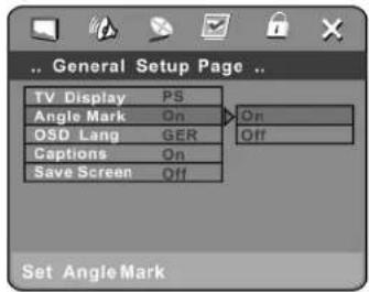 General Setup Page TV Display PS Angle Mark On OSD Lang GER On Captions On Save Screen Off Set Angle Mark