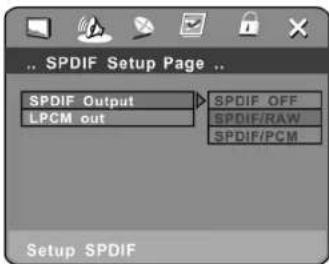 SPDIF Setup Page SPDIF Output LPCM out SPDIF OFF SPDIF/RAW SPDIF/PCM Setup SPDIF