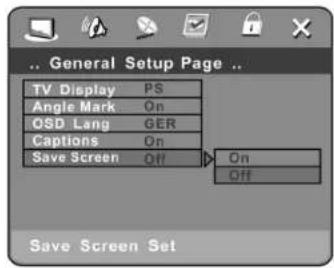 General Setup Page TV Display PS Angle Mark On QSD Lang GER Captions On Save Screen Off On Off Save Screen Set