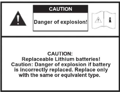 CAUTION Danger of explosion! CAUTION: Replaceable Lithium batteries! Caution: Danger of explosion if battery is incorrectly replaced. Replace only with the same or equivalent type.