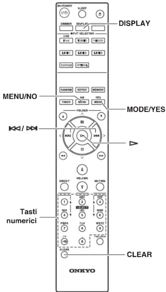 ON/STANDY SLEEP DISPLAY I/O DIMMER DISPLAY USB P+C TUNES PMED L/B L/B L/B SWITCH OPTICAL RANDOM REPEAT MEMORY NO YES TIMER MENU MODE FOLDER MODE/YES MENU/NO KK/ >> VOLUME DIRECT VOLUME MUTING 1 ABC DEF 2 3 GH SWEET 4 YES MNO 5 6 PQRS TUV WXYZ 7 8 9 +10 FOUNT CLEAR ONKYO CLEAR