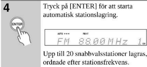 4 ENTER Tryck på [ENTER] för att starta automatisk stationslagring. AUTO *** FM ST FM 88.00 MHz 1 cm Upp till 20 snabbvalsstationer lagras, ordnade efter stationsfrekvens.
