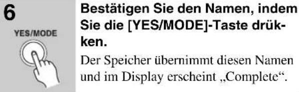6 YES/MODE Bestätigen Sie den Namen, indem Sie die [YES/MODE]-Taste drük- ken. Der Speicher übernimmt diesen Namen und im Display erscheint „Complete“.