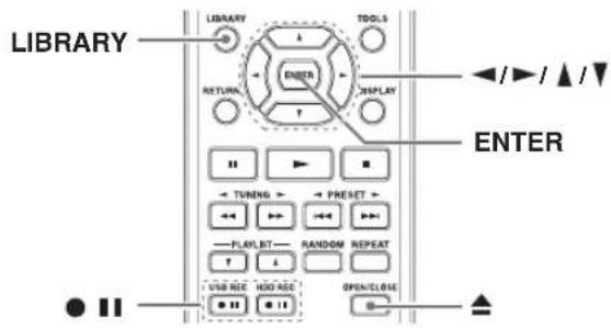 LIBRARY LIBRARY TOOLS RETURN ENTER DISPLAY +/-/▲/▼ ENTER TURING PRESET PLAYLBT RANDOM REPEAT USB REC HDD REC OPEN/CLOSE