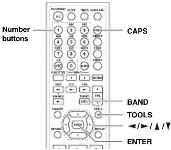 Number buttons GND/STANDBT NLEEP TIMER CLOCK CALL I/O ABC DEF CAPS 1 2 3 GHI JXL MWD DIRECT 4 5 6 POGS TUV WEVZ TONE 7 8 9 S.BASS >10 0 LEAM FUNIT RGS INPUT I IOUTING HDD CD USB I SOA MODE TUNER VOL LIBR LIBRARY TOOLS BAND TOOLS ENTER RETURN DISPLAY ENTER