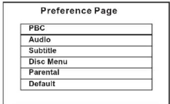 Preference Page PBC Audio Subtitle Disc Menu Parental Default