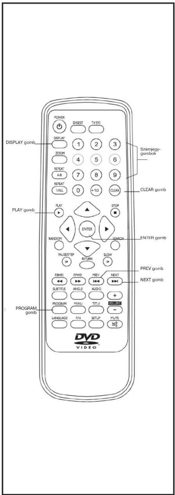 DISPLAY gomb DISPLAY DISPLAY ZOOM REPEAT A-B REPEAT 1/ALL 0 +10 CLEAR PLAY gomb PLAY STOP ENTER RANDOM SEARCH PULSE/STEP RETURN SLOW PROGRAM gomb PREV gomb NEXT gomb SUBTITLE ANGLE AUDIO PROGRAM MENU TITLE VOLUME LANGUAGE P/N SETUP MUTE DVDAVIDEQ™ Számjegy-gombok