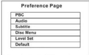 Preference Page PBC Audio Subtitle Disc Menu Level Set Default