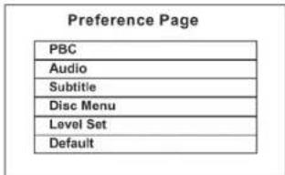 Preference Page PBC Audio Subtitle Disc Menu Level Set Default