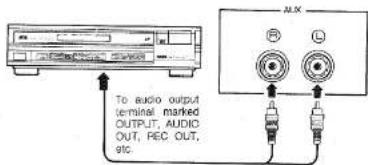To audio output terminal marked OUTPUT, AUDIO OUT, REC OUT, etc.