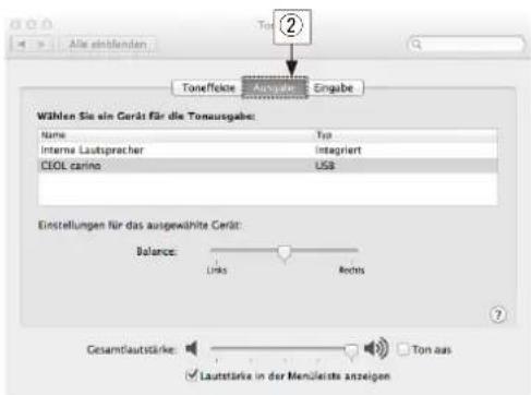 Toneffekte Ausgabe Eingabe Wählen Sie ein Gerät für die Tonausgabe: Name Type Intermedia Lautspracher Intagriert CEOL carino USB Einstellungen für das ausgewählte Gerät: Balance: Links Rights Gesamtlaufstärke: Ton aus Lautstärke in der Menüleiste anzeigen