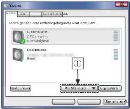 Sound Aflange: 10.000 Konzern Audio Sounds Die folgenden Audiowiedergabegeräte sind installiert: Lautapreder CEO L carino Standengrenl Lautaprecher Berei ① Konfigurieren Als Standard Egenschaften ÜbernehmerAb
