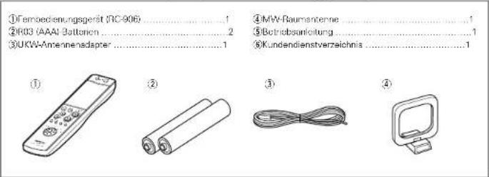 ①Fembeckenungsgericht (RC-906)....1 ②R03 (AAA) Battenion....2 ③UKW-Amennenadapter....1 ④MW-Baumanterne....1 ⑤Botrobsanleitung....1 ⑥Kundendienstverzeichnis....1 ① ② ③ ④