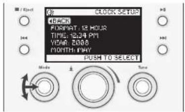 CLOCK SETUP BACK FORMAT: 13 HOUR TIME: 12:34 PM YEAR: 2006 MONTH: PAY PUSH TO SELECT Mode ± Tone