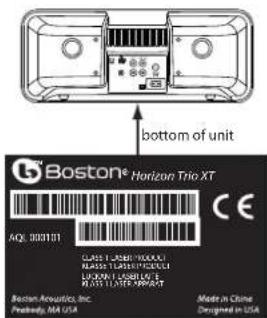 bottom of unit Boston® Horizon Trio XT AQI 3001101 CLASS 1.25817XXXX RASSIS 1.25817XXXX LPGON 1.25817XXXX Bostan Acoustics, Inc. Preheady, MA USA Made in China Designed in USA