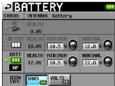 BATTERY STATUS INTERNAL.Battery AC HEALTH 0.0V DC EXT HEALTH MINIMUM 10.0V 10.5 V 12.0 V BATT HEALTH MINIMUM 12.0V 10.5 V 12.0 V NIP ICON TYPE BARS VOLTS CD