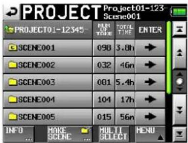 PROJECT01-12345 PROJECT01-12345 SCENE001 SCENE002 SCENE003 SCENE004 SCENE005 INFO MAKE SCENE MULTI SELECT TOTAL TIME 3.8h 46n 5.4h 17h 56n ENTER