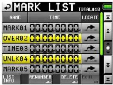 MARK LIST TOTAL#18 NAME TIME LOCATE MARK01 OVER02 TIME03 UNLK04 MARK05 LIST INFO RENUMBER DELETE E011 ...