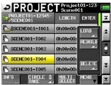 PROJECT Project01-123 SCENE001 PROJECT01-12345 /SCENE001 LENGTH ENTER SCENE001-T001 Oh00n00s LOAD REBUILD SCENE001-T002 Oh00n00s DELETE SCENE001-T003 Oh00n00s SCENE001-T004 Oh00n00s SCENE001-T005 Oh00n00s INFO CIRCLE TAKE MULTI SELECT MENU
