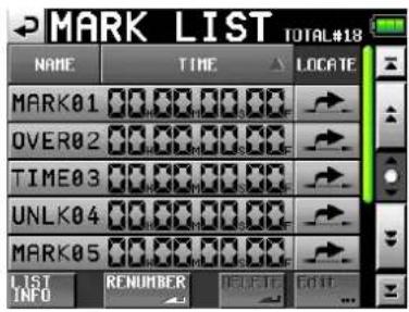 MARK LIST TOTAL#18 NAME TIME LOCATE MARK01 OVER02 TIME03 UNLK04 MARK05 LIST INFO RENUMBER REUTE END