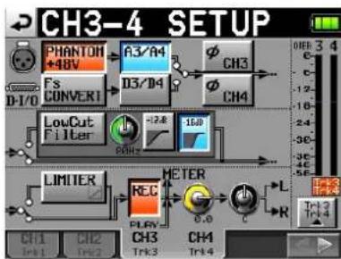 CH3-4 SETUP PHANTON +48V Fs CONVER1 A3/A4 D5/D4 Φ CH3 Φ CH4 LowCut Filter 12.8 160 LIMETER REC METER PLAY 0.0 L R CH1 CH2 Trk1 Trk2 CH3 CH4 Trk3 Trk4