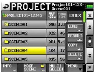 PROJECT01-12345 HLM TIME TOTAL TIME ENTER SCENE001 098 3.8 SCENE002 032 46 SCENE003 081 5.4 SCENE004 104 17 SCENE005 015 56 INFO MAKE MULTI SELECT MENU