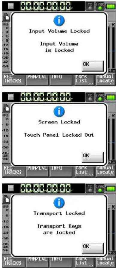 TASCAM HS-P82 - Tippen Sie für den jeweiligen Bereich auf LOCK oder UNLOCK, um den entsprechenden Bereich zu sperren oder freizugeben. - 1
