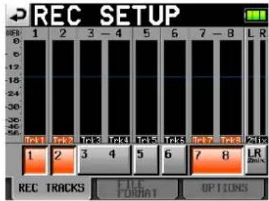 REC SETUP 1 2 3 - 4 5 6 7 - 8 L R T+1 T+2 T+3 T+4 T+5 T+6 T+7 T+8 LR 1 2 3 4 5 6 7 8 LR REC TRACKS FILE FORMAT OPTIONS