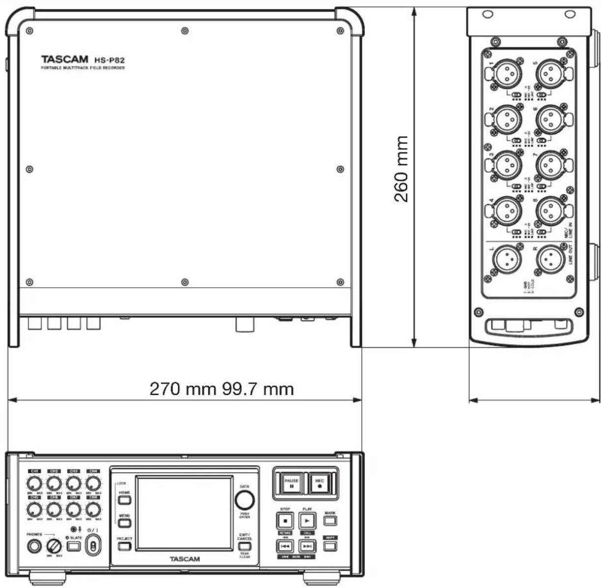 TASCAM HS-P82 PORTABLE MULTITRACK FIELD RECORDER 270 mm 99.7 mm 260 mm