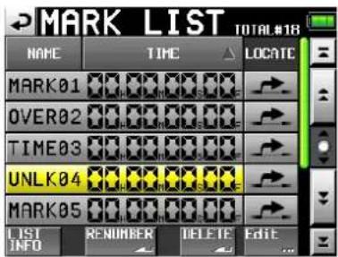 MARK LIST TOTAL#18 NAME TIME LOCATE MARK01 OVER02 TIME03 UNLK04 MARK05 LIST INFO RENUMBER DELETE Edit...