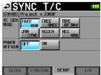 SYNC T/C STATUS Project = 30NDF TC GEN FREE FREE TIME MODE RUN ONCE OF DAY JAM REGEN REC SYNC SYNC RUN POWER OFF ON OFF ON CLOCK TIMECODE SETUP I/O