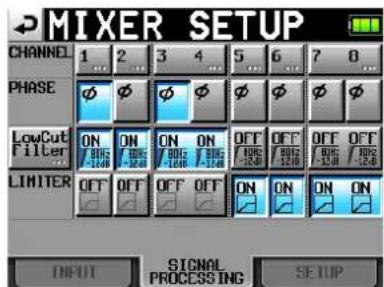 MIXER SETUP CHANNEL 1 2 3 4 5 6 7 8 PHASE φ φ φ φ φ φ LowCut Filter ON ON ON ON OFF OFF OFF OFF OFF OFF OFF LIMETER ON ON ON ON ON ON ON INPUT SIGNAL PROCESSING SETUP
