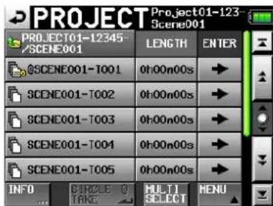 PROJECT Project01-123 Scene001 PROJECT01-12345- /SCENE001 LENGTH ENTER QSCENE001-T001 0h:00n00s SCENE001-T002 0h:00n00s SCENE001-T003 0h:00n00s SCENE001-T004 0h:00n00s SCENE001-T005 0h:00n00s INFO CIRCLE TARE MULTI SELECT MENU