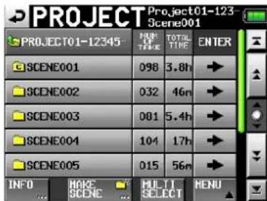 PROJECT01-123 Scene001 PROJECT01-12345 HUNT TIME TOTAL TIME ENTER SCENE001 098 3.8h → SCENE002 032 46m → SCENE003 081 5.4h → SCENE004 104 17h → SCENE005 015 56m → INFO MAKE SCENE MULTI SELECT MENU