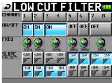 LOW CUT FILTER CHANNEL 1 2 3 4 5 6 7 8 ON/OFF ON ON OFF OFF FREU SLOPE [0/8/0CT] -12.0 -13.0 -12.0 -12.0 13.0 14.0 15.0 -12.0 -13.0 -13.0 -13.0 -13.0 -13.0 -13.0 -13.0